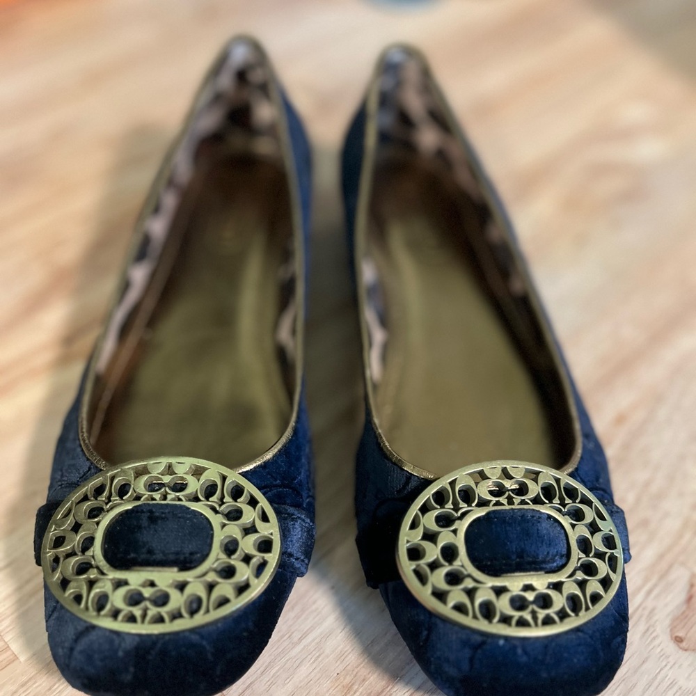 Coach Black Velvet & Gold Flats